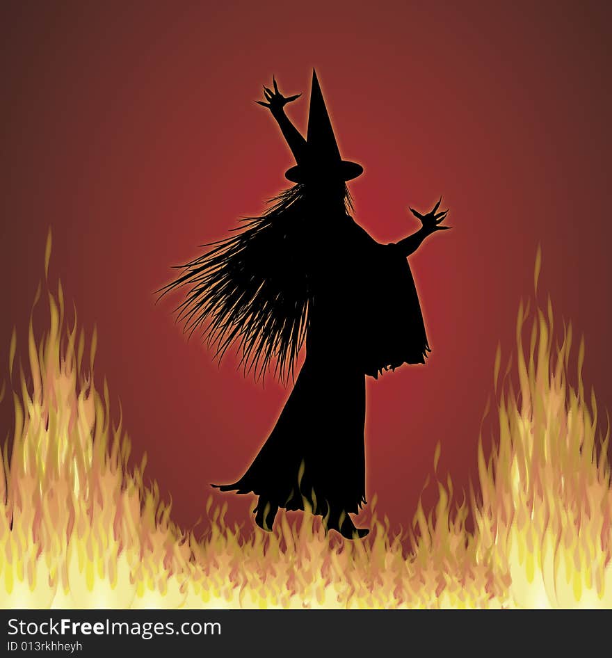 Illustration of Halloween witch on fire background. Illustration of Halloween witch on fire background