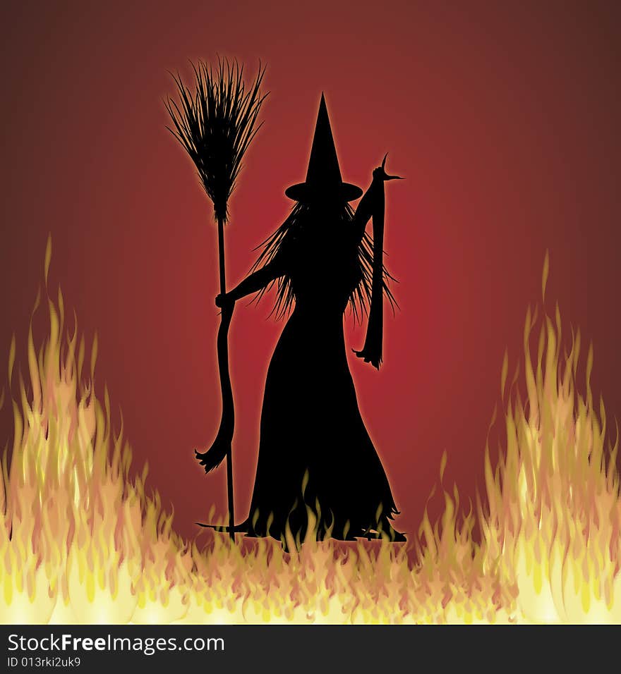 Illustration of Halloween witch on fire background. Illustration of Halloween witch on fire background