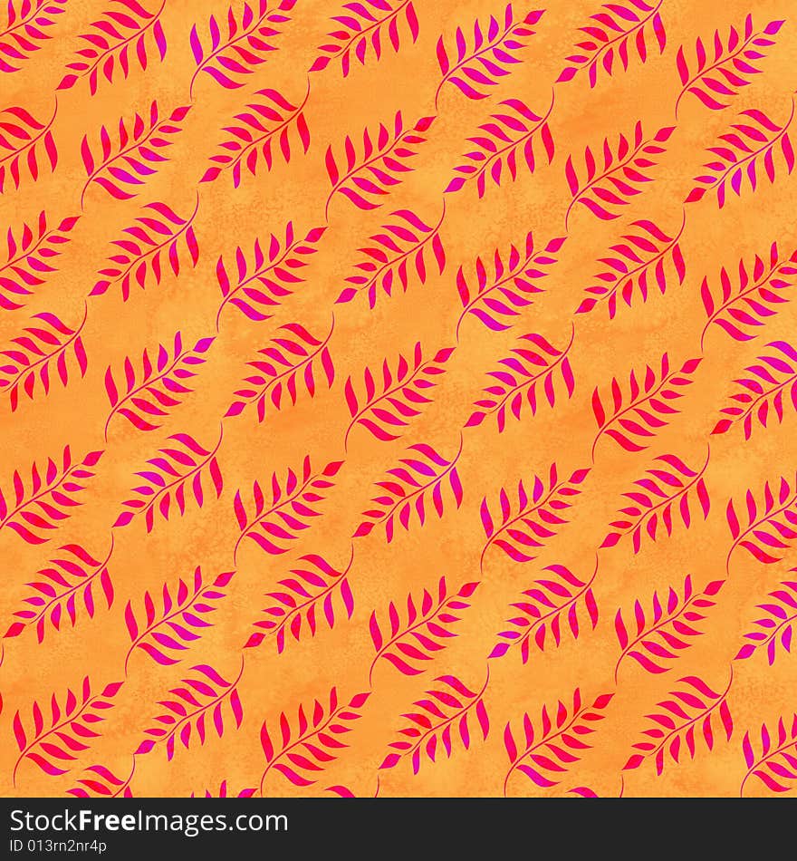 Hot pink and violet leaf pattern on orange background. Hot pink and violet leaf pattern on orange background