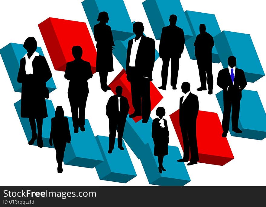 Illustration of business people and cube