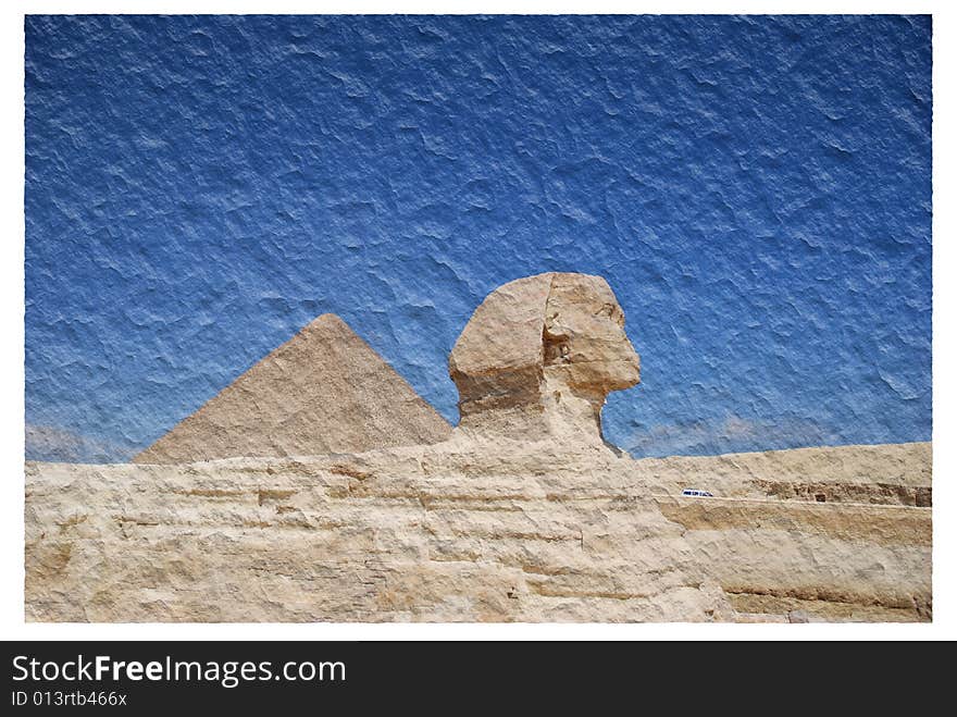 Sphinx and Pyramid of pharaoh Cheops. Giza in Egypt. Photo with a special background. Photo with a white frame.