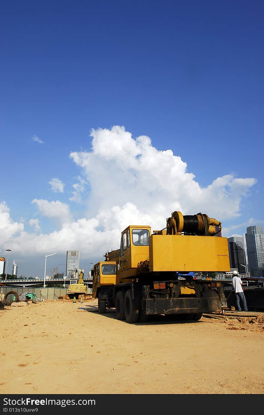 The crane below the blue sky. The crane below the blue sky