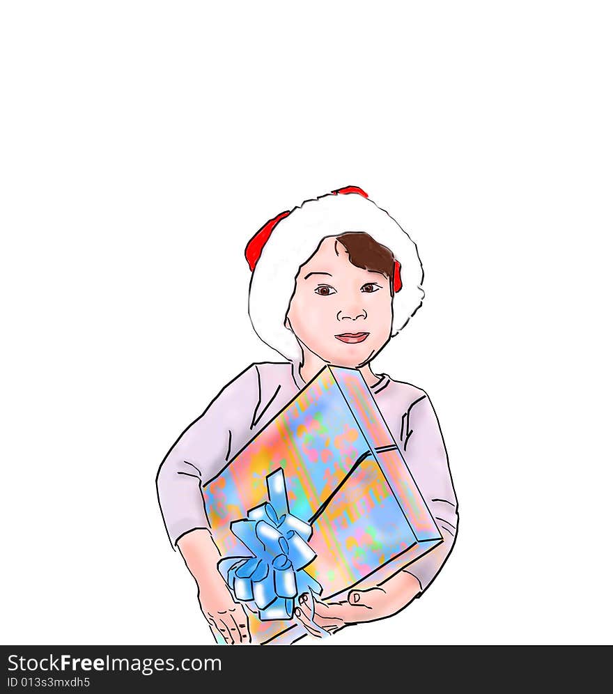 Child with christmas gift box on white background