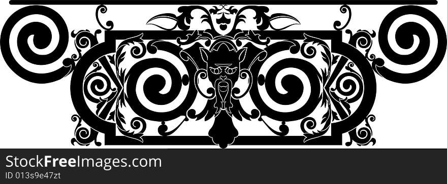 Black and white, vector floral and geometric ornament with devil. Black and white, vector floral and geometric ornament with devil