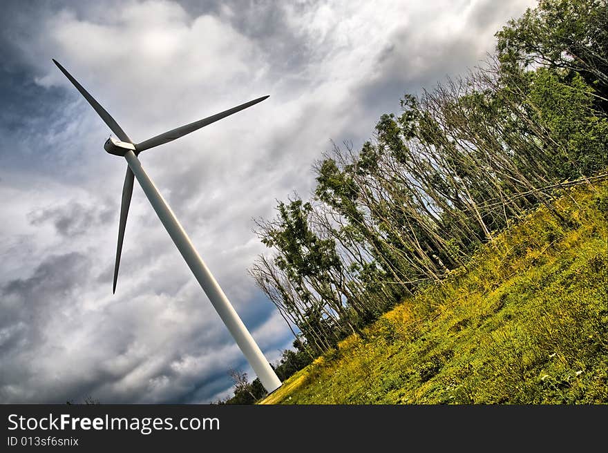 Dramatic shot of a windmill in a toxic forest