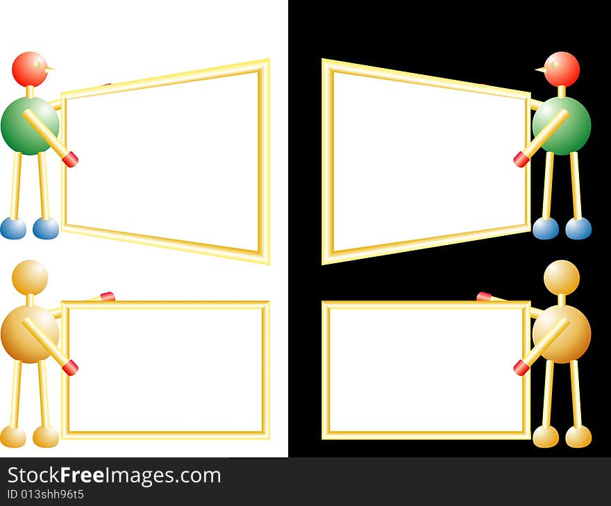 Original vector wooden guy holding blank frame. Original vector wooden guy holding blank frame