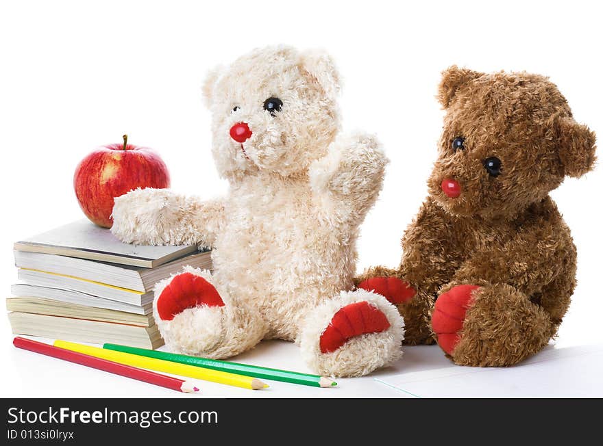 Two toy bears at school