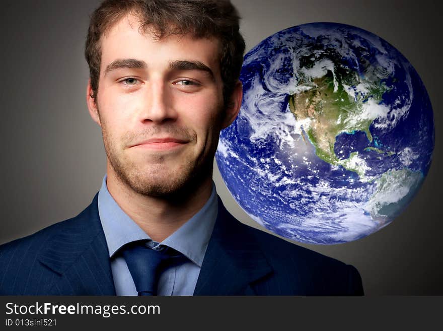 a portrait of a business man and a globe. a portrait of a business man and a globe