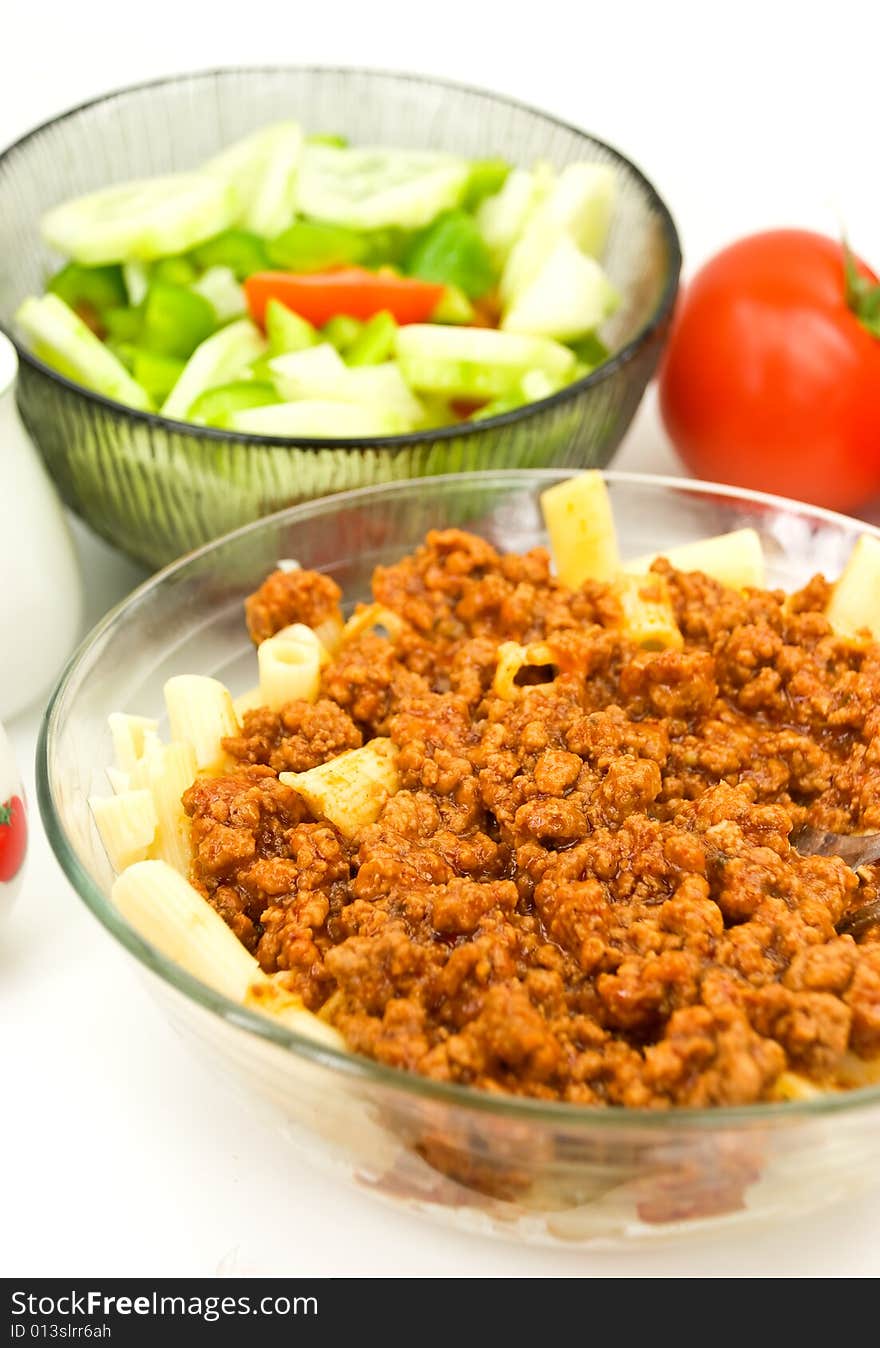 Macaroni ,sauce Bolognese With Salad