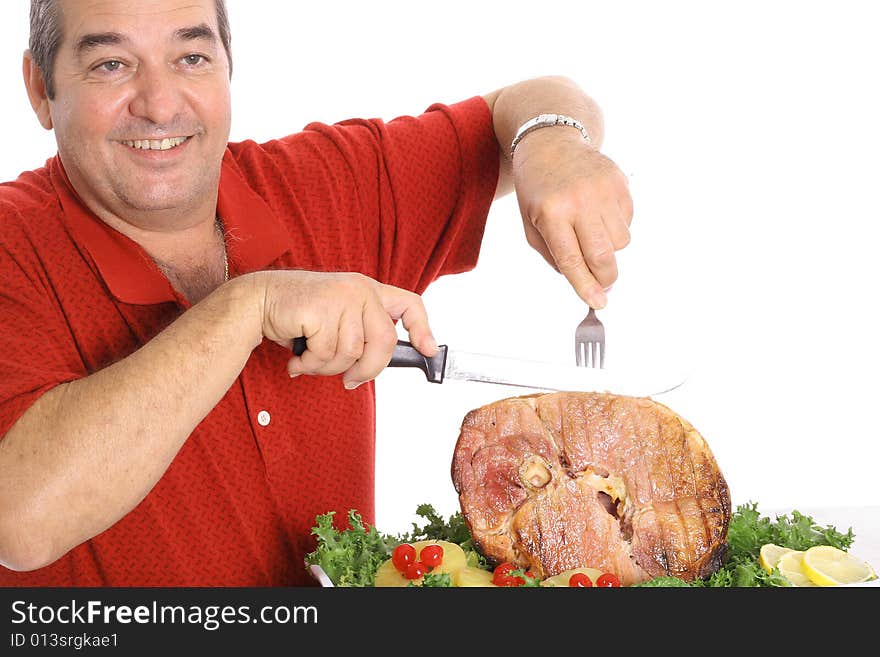 Dad serving a honey baked ham isolated on white