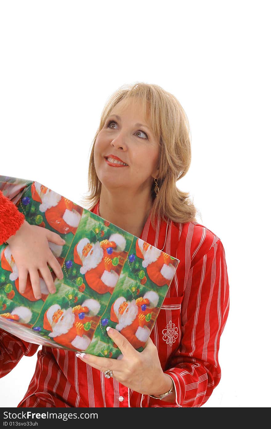 Grandmother getting a present isolated on white