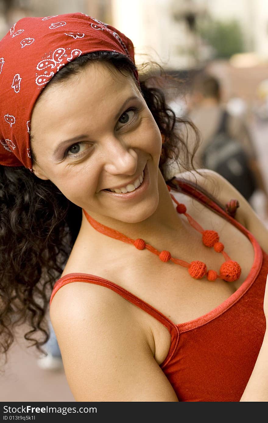 Happy woman in red