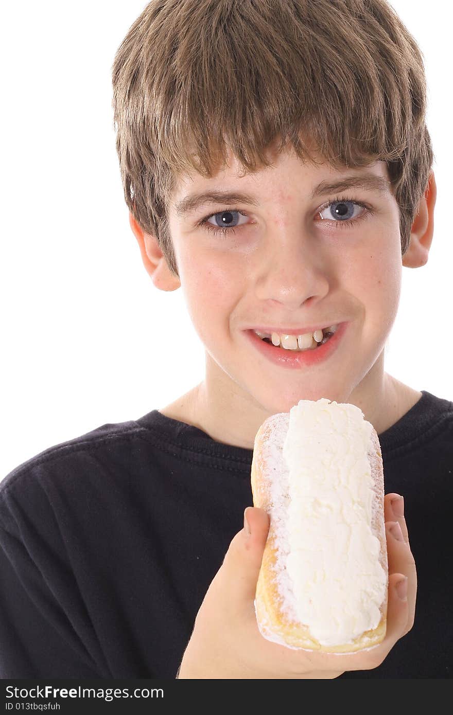 Happy kid with donut isolated on white