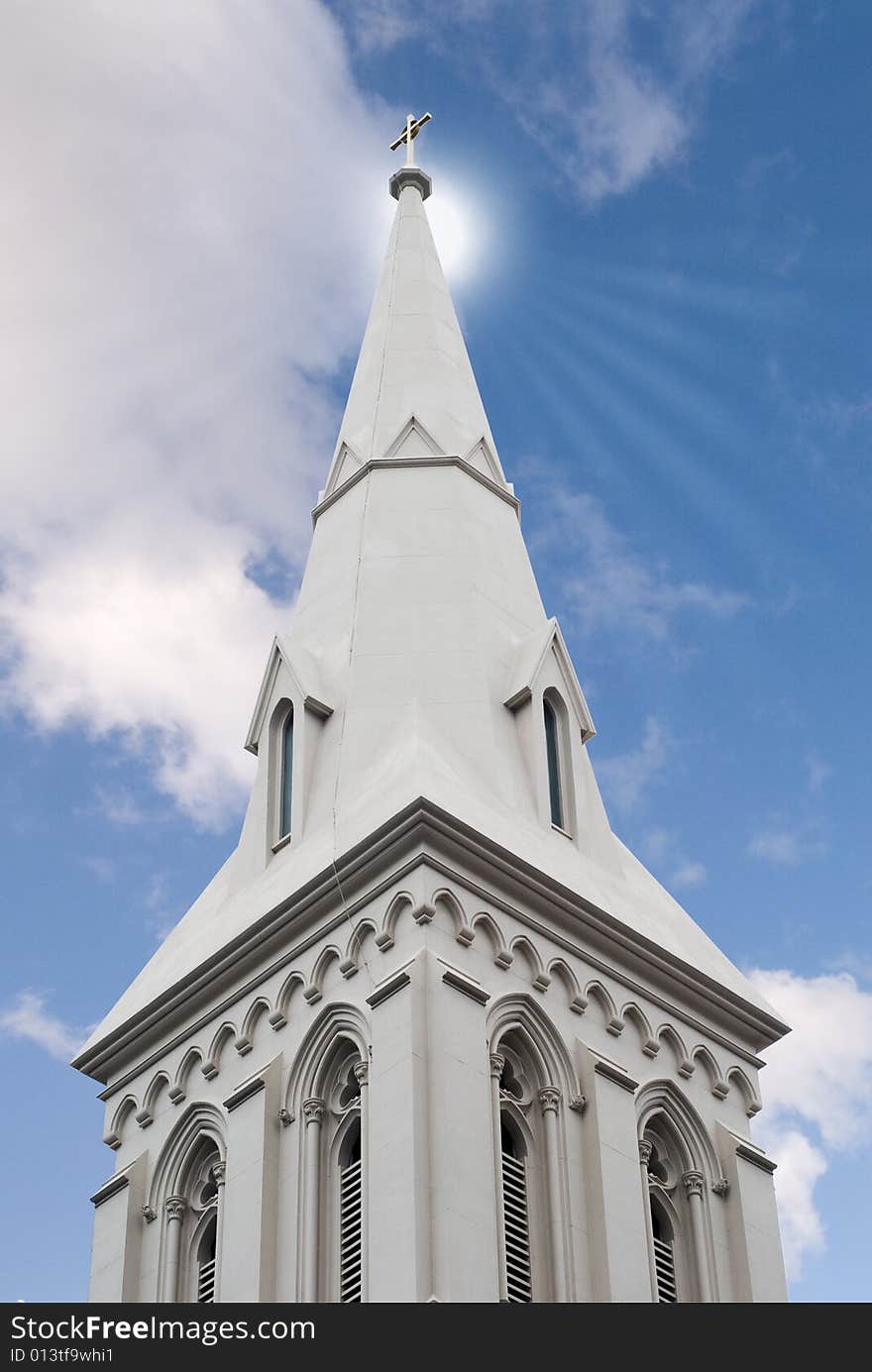 Sunlight streaming at a church Steeple