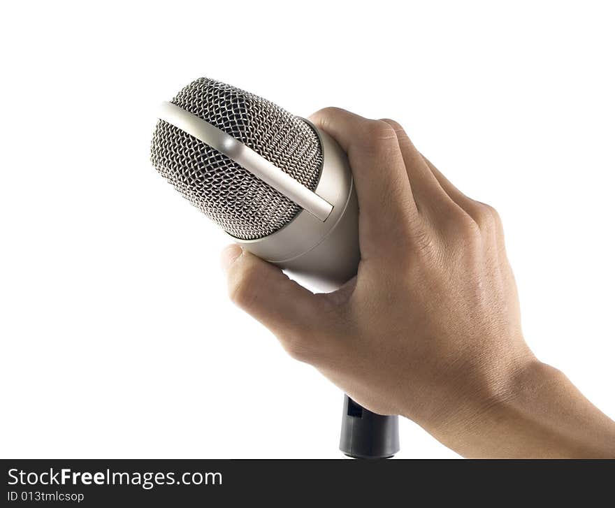 A microphone on mic-stand with white background. A microphone on mic-stand with white background