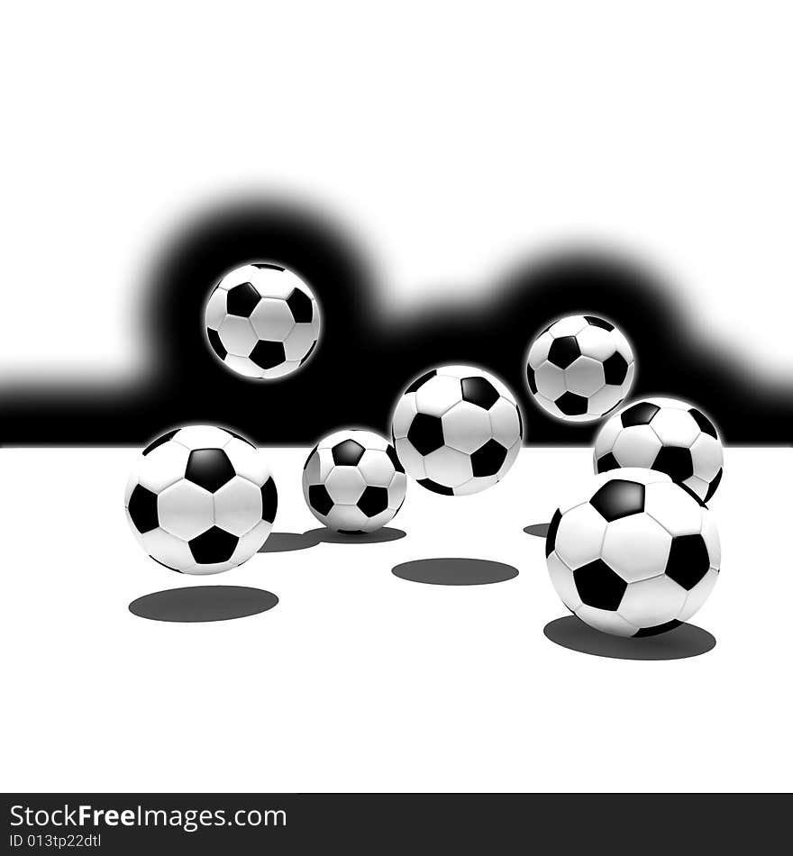 Isolated soccer balls in the air with shadow - 3d render illustration