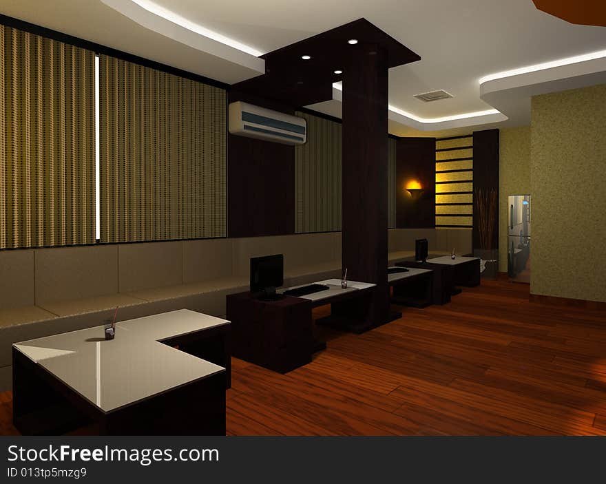 Room with interior design with wood, wallpaper, parquette, and furniture which can be used for karaoke with family.