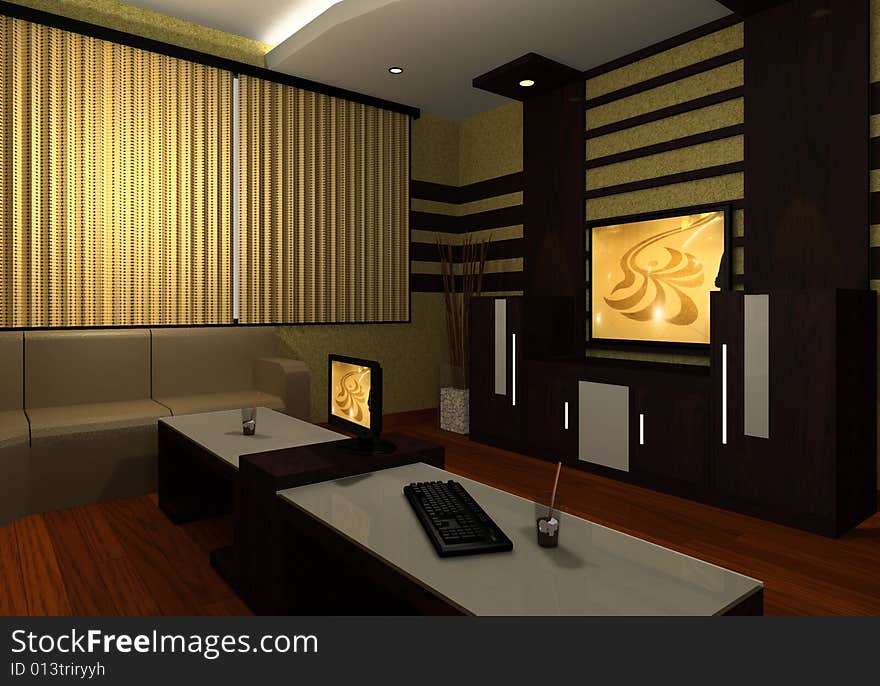 Room built from wood, wallpaper, parquette, and furniture can use for rest room, singing room, or, watching the movies. Room built from wood, wallpaper, parquette, and furniture can use for rest room, singing room, or, watching the movies