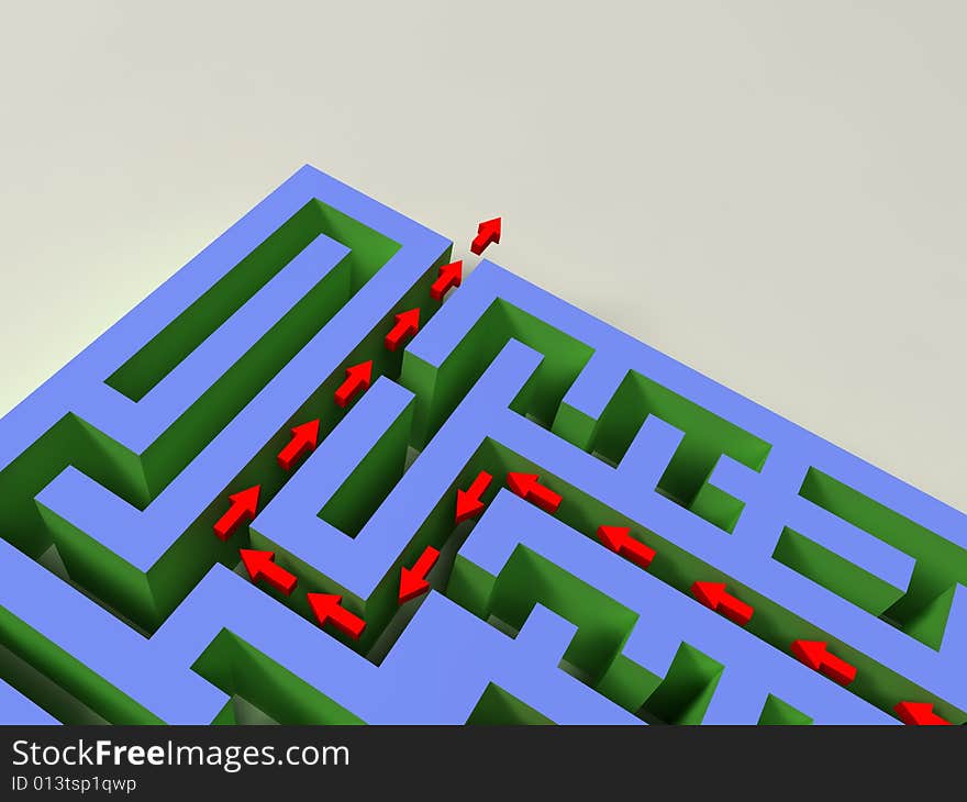 3D labyrinth with red arrow