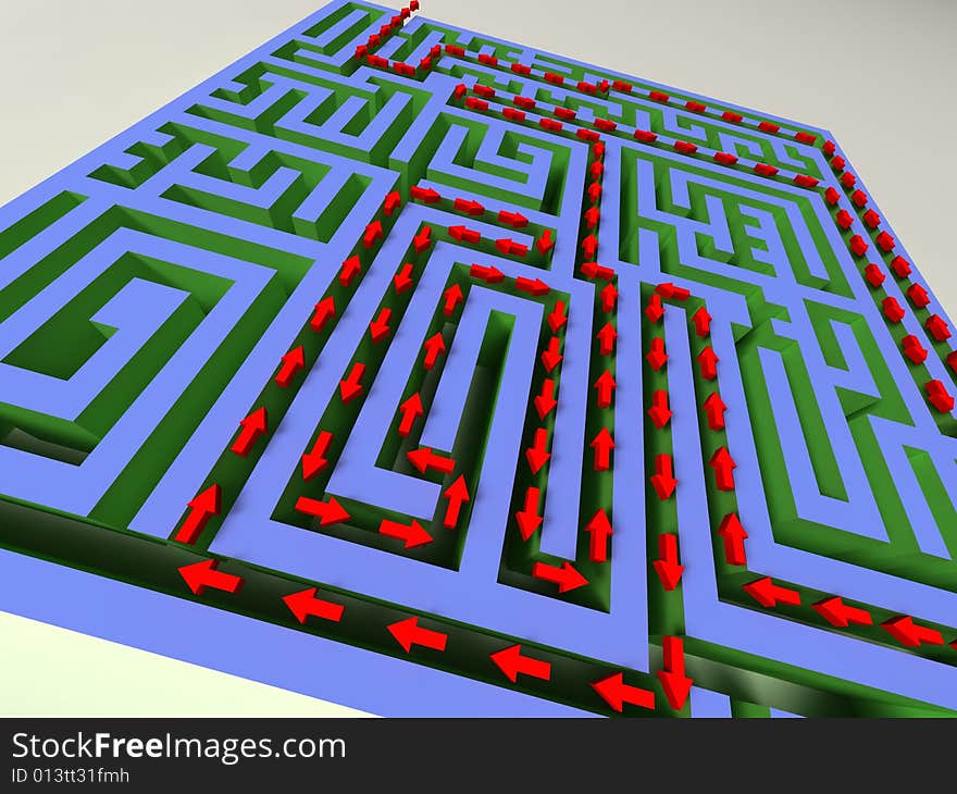 3D labyrinth with red arrow