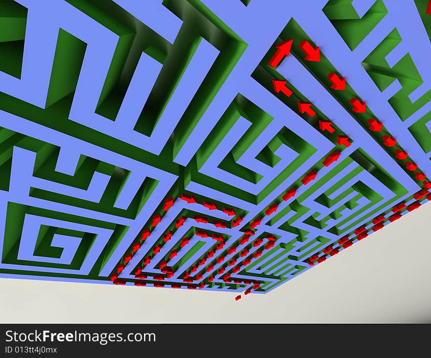 3D labyrinth with red arrow