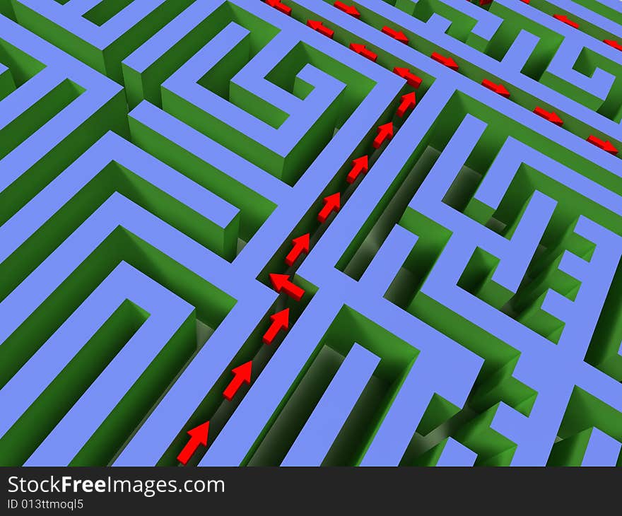 3D Labyrinth With Red Arrow