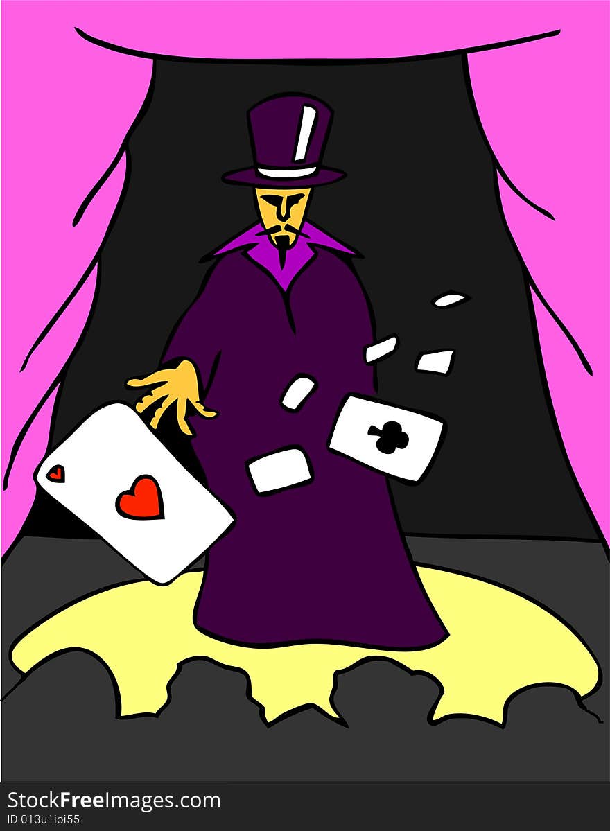 A wizard playing cards on a stage