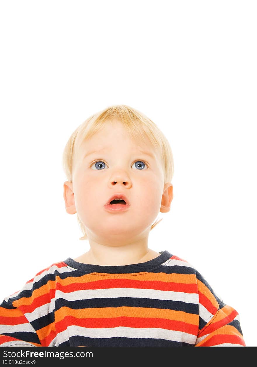 Beautiful toddler looking up. Isolated on white background