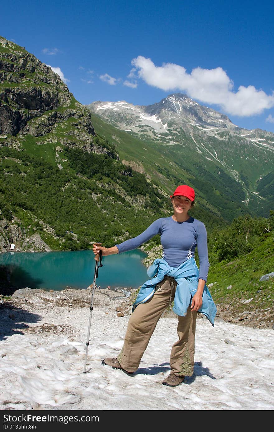 Hiker at mountain lake