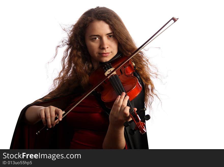 Girl the violinist, isolated on white background