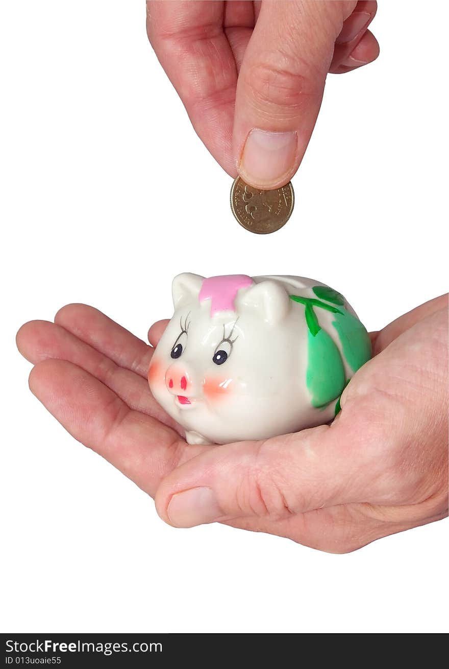 Deposits Coin In Piggy Bank