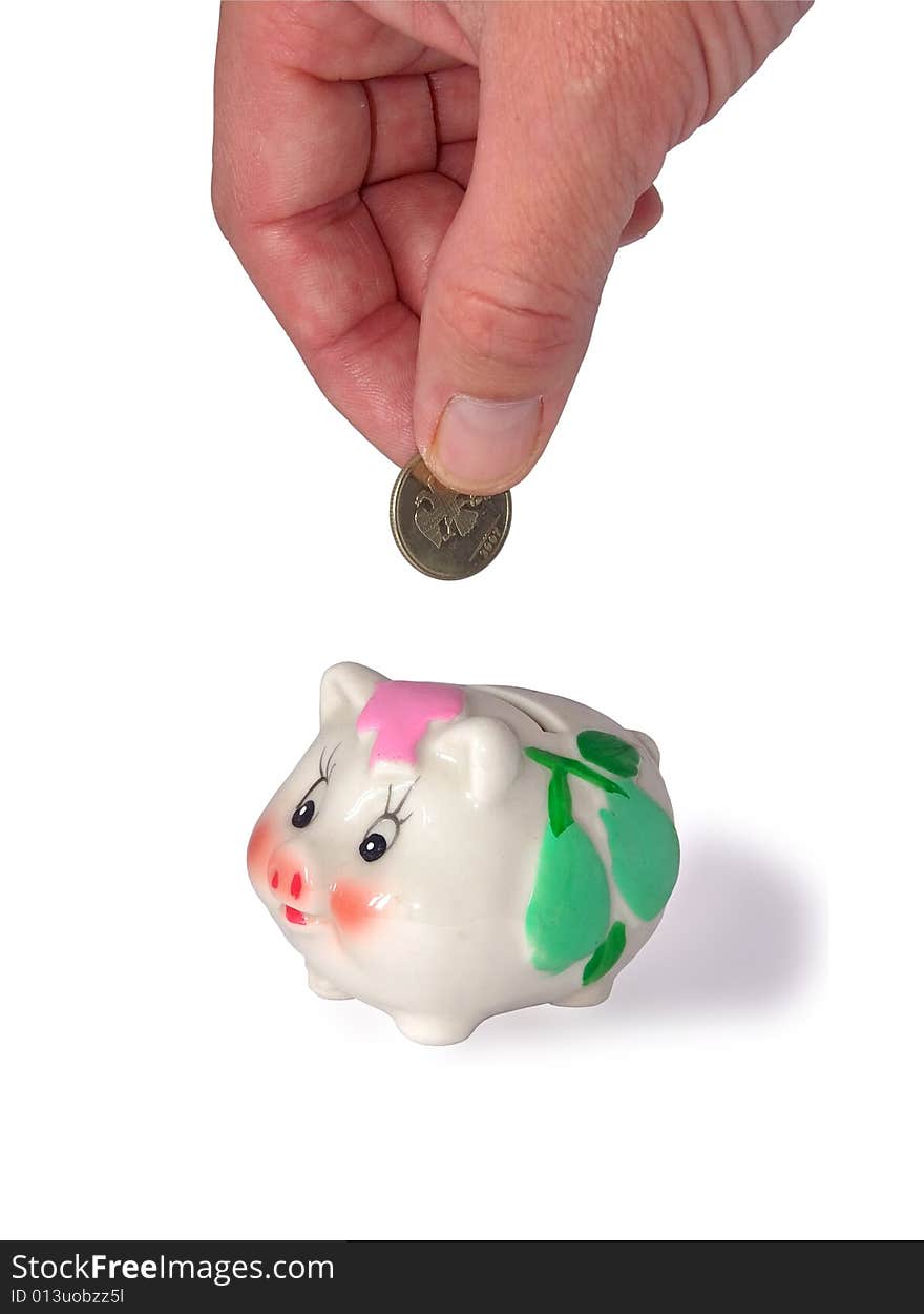 Deposits Coin In Piggy Bank