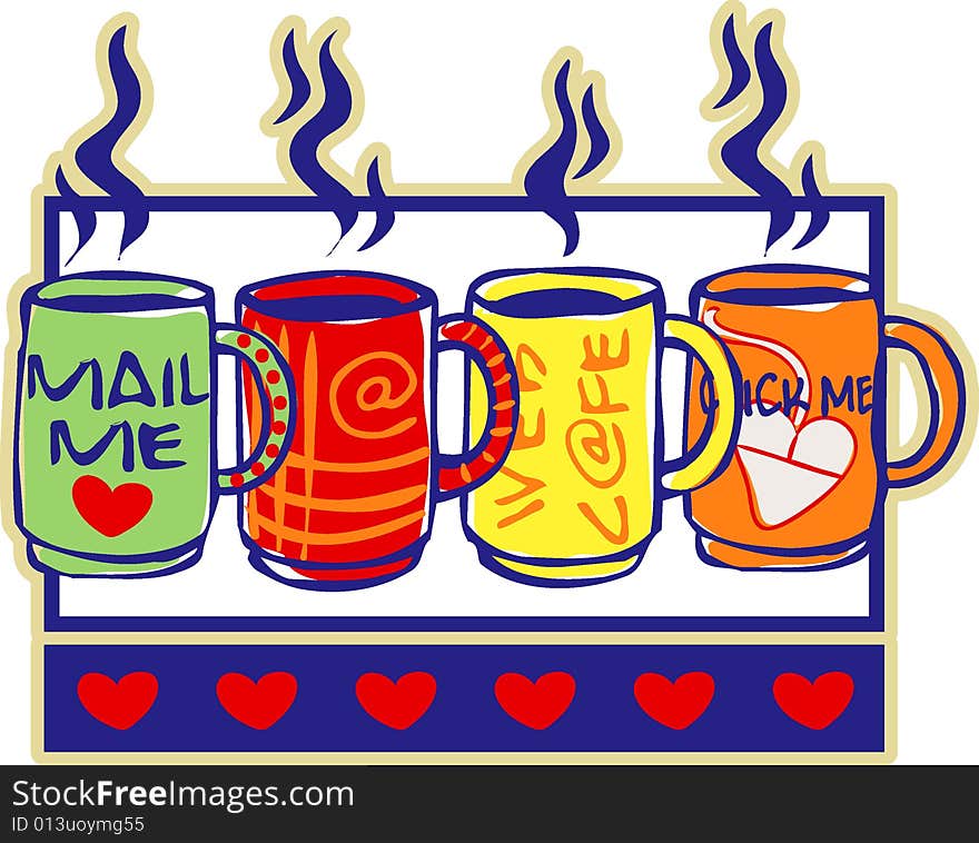 Vector of four cup hot coffee. Vector of four cup hot coffee