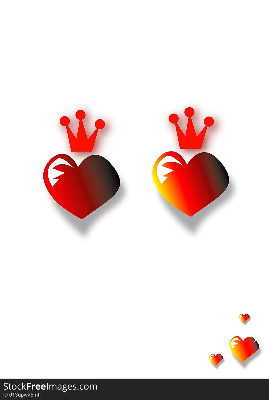 Two red hearts with crowns on a white background. Two red hearts with crowns on a white background