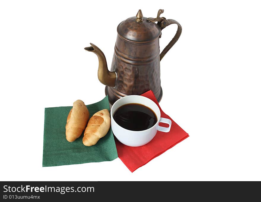 Still-life with copper coffee-pot, cup of black coffee and two croissants. Still-life with copper coffee-pot, cup of black coffee and two croissants