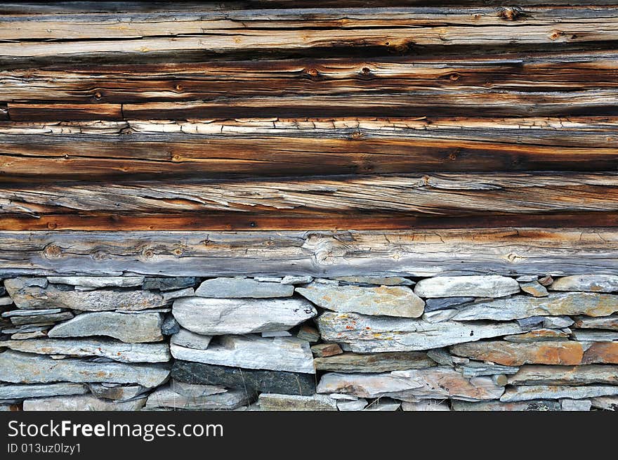 Log home old wall and stones base. Log home old wall and stones base