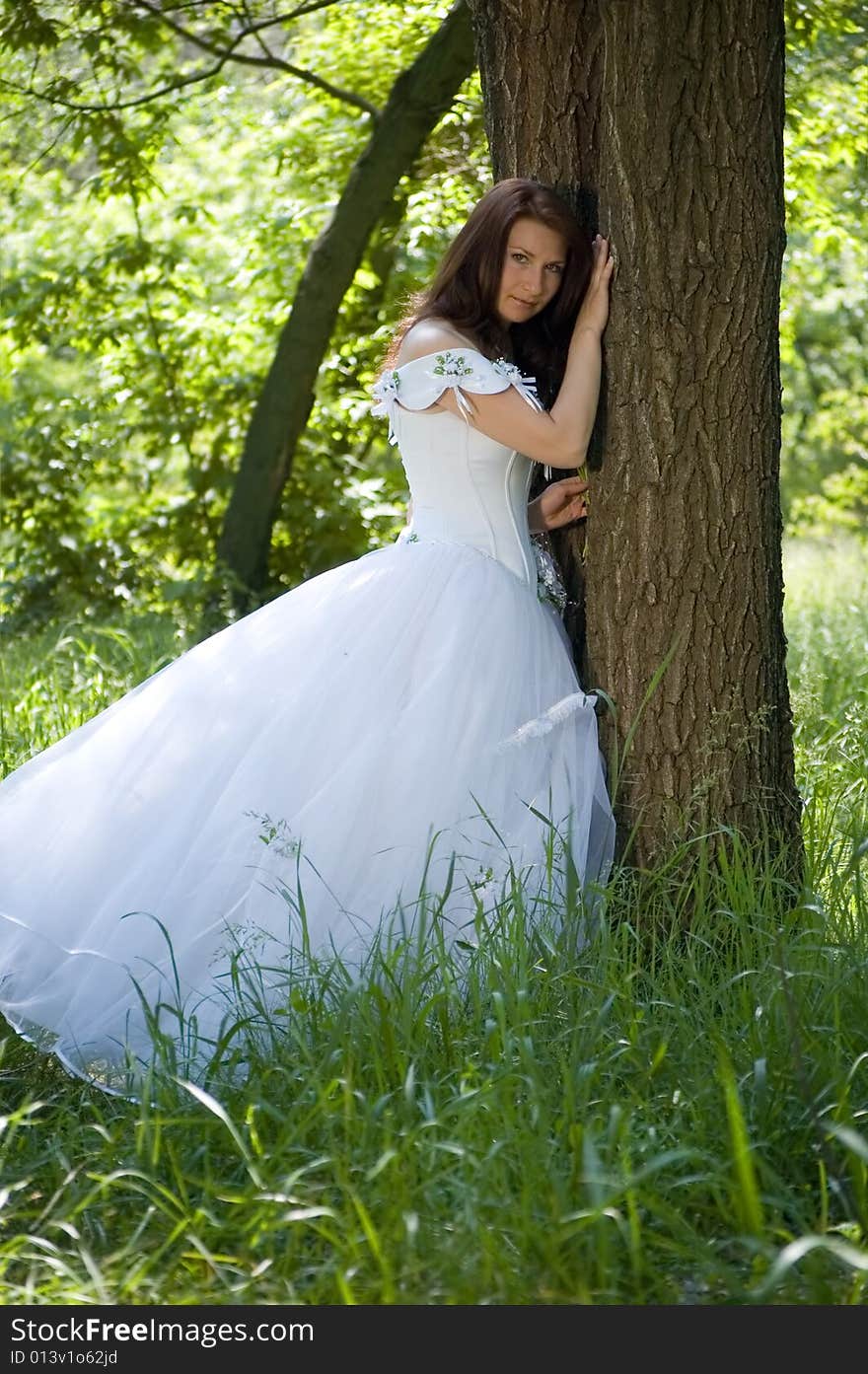 The bride stands near a tree and looks in the cam. The bride stands near a tree and looks in the cam