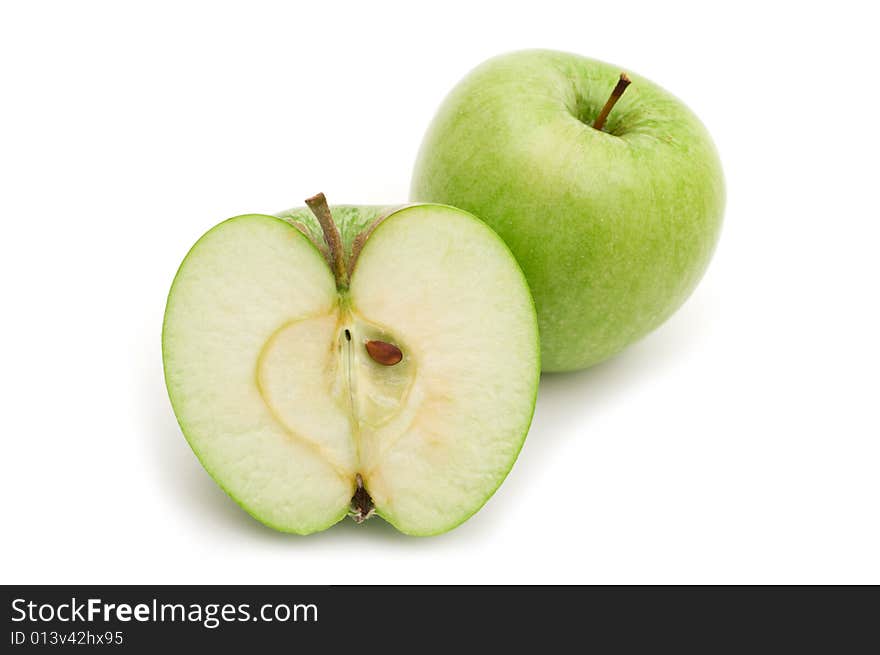 Slice fresh green apple on white background