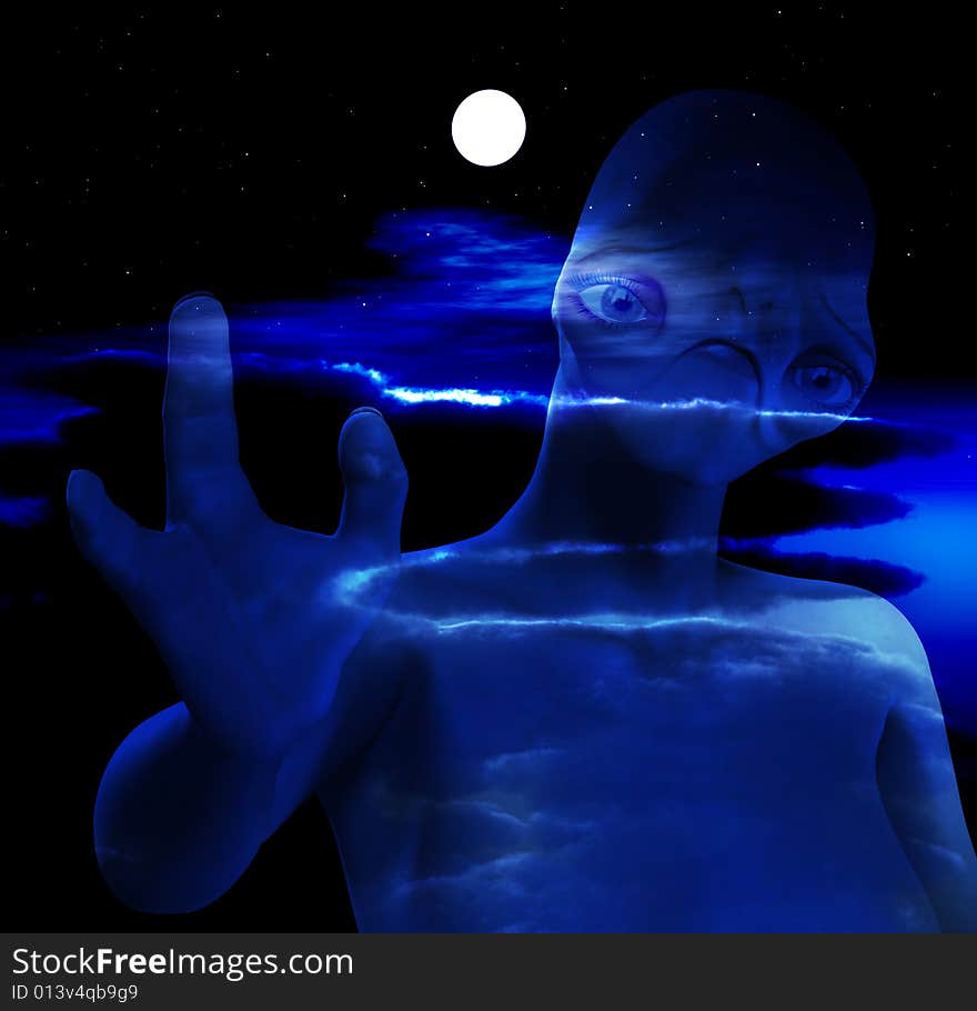 An alien against a cloudy moonlit nightime sky. An alien against a cloudy moonlit nightime sky.