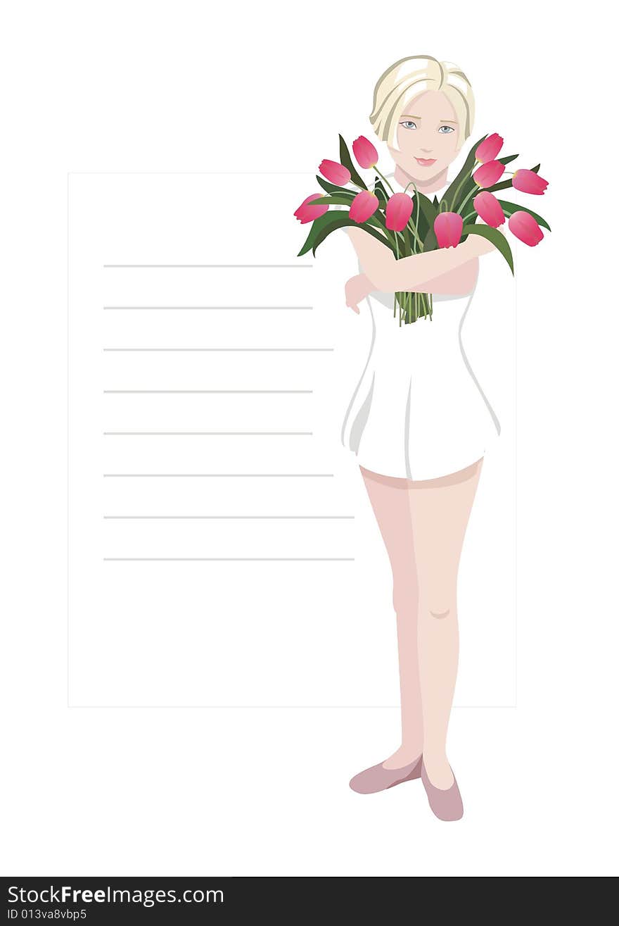 Vector illustration of girl with bunch of flowers