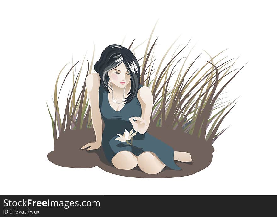 Vector illustration of young woman sitting on the grass. Vector illustration of young woman sitting on the grass