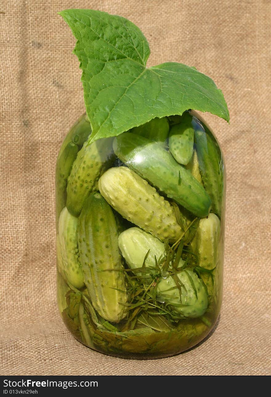 Salty pickled cucumbers in banks. Salty pickled cucumbers in banks