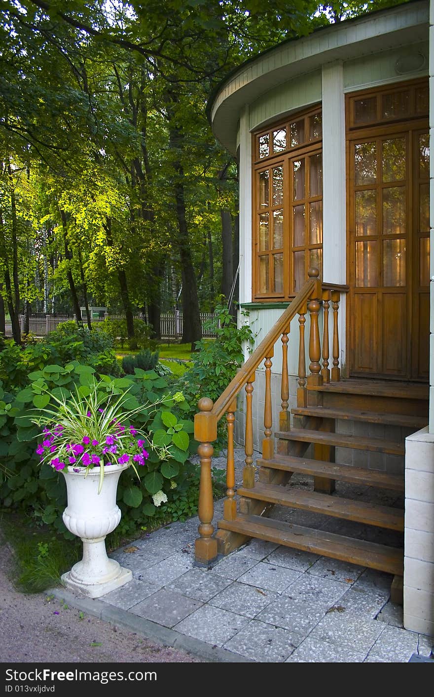 The Wooden verandah with stairway in old homestead.