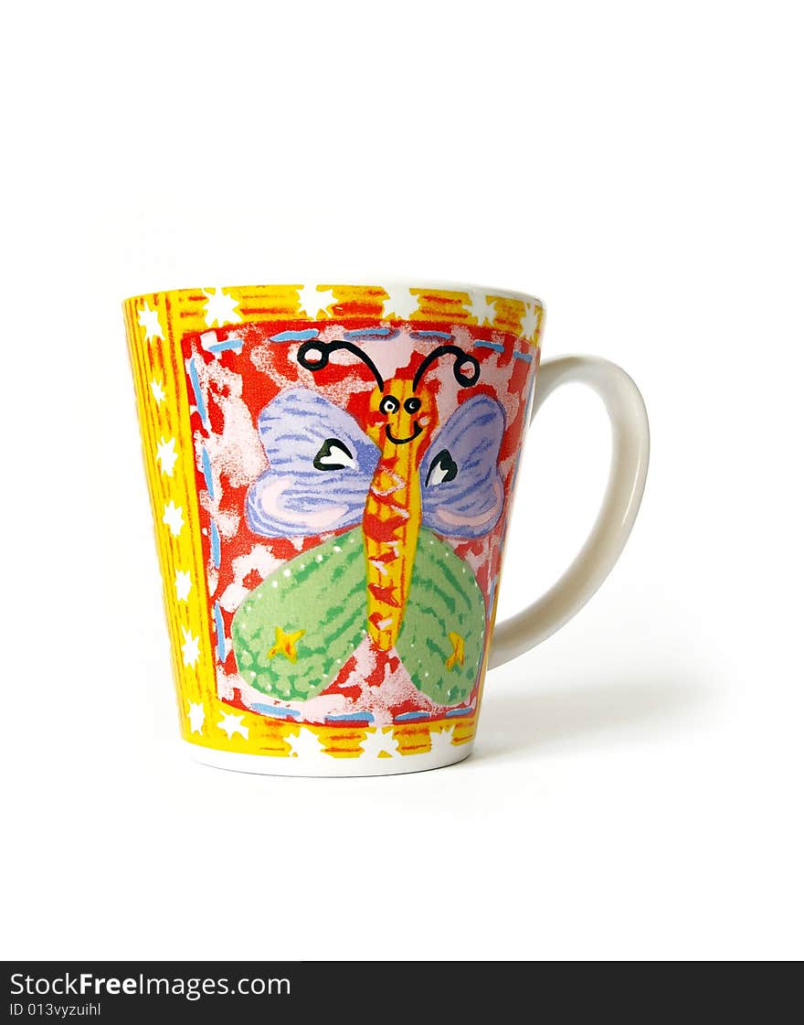 Bright cup with the butterfly on a white background