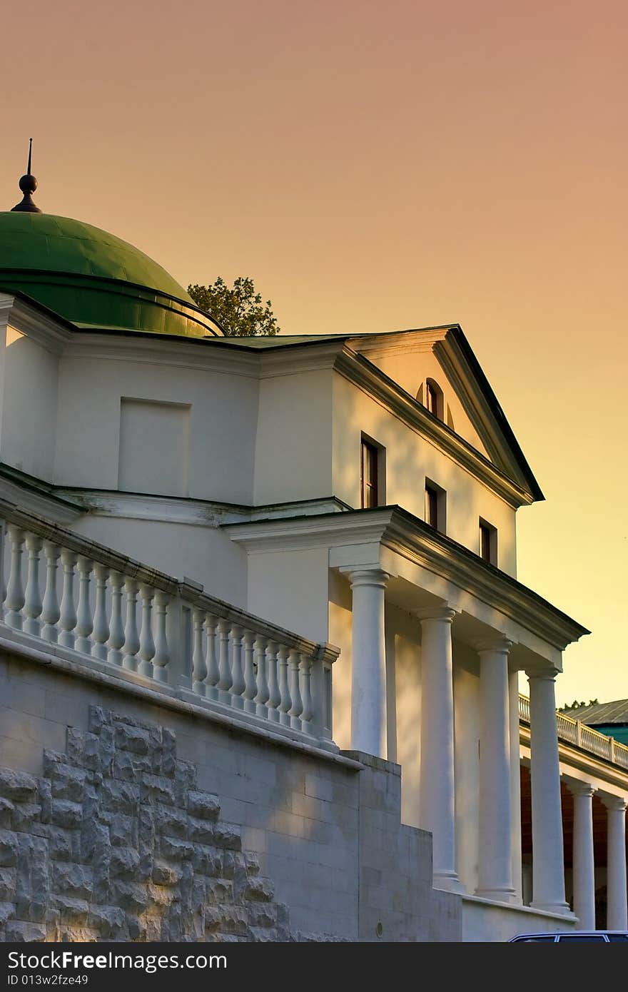 Old building with columns after reconstruction at evening. Old building with columns after reconstruction at evening.