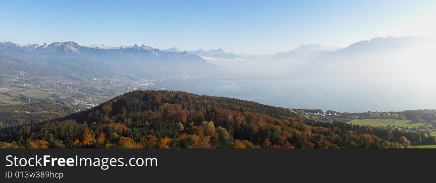 Panoramic Swiss autumn landscape