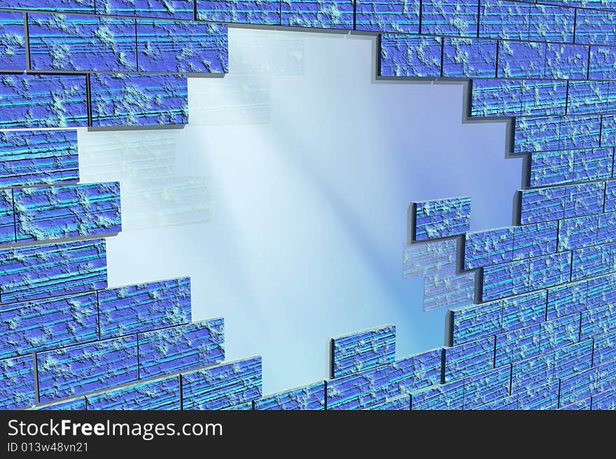 Partially destroyed brick wall of dark-blue color. Partially destroyed brick wall of dark-blue color.