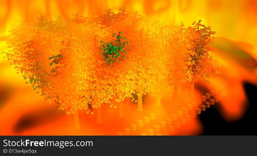 An illustration of a forest engulfed in flames. An illustration of a forest engulfed in flames.