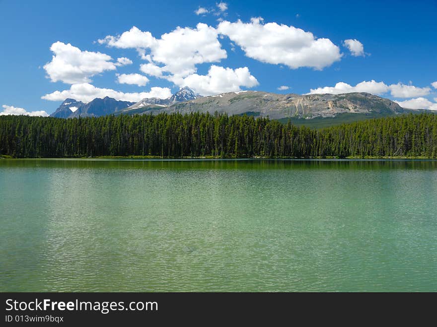 Tranquil lake view in Canadian Rockies