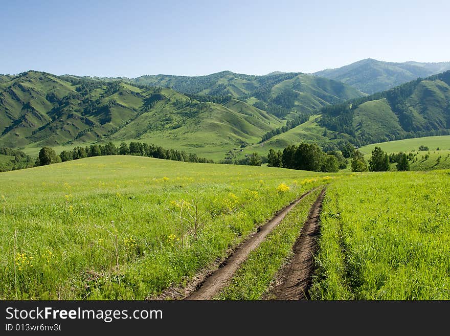 Road mountains with green forest on blue sky. Road mountains with green forest on blue sky